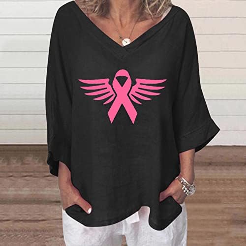 Black Lounge Bluses за тинејџерски девојки 3/4 ракав vneck постелнина крилја графички опуштено вклопување рак на дојка врвни маички жени ух