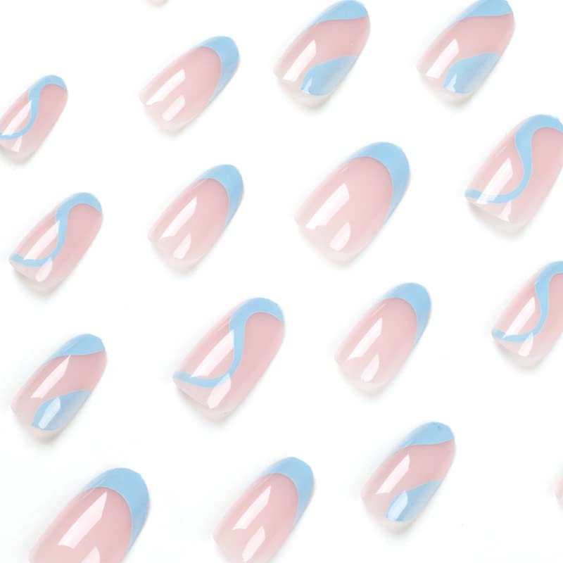 24 Парчиња Симпатична Форма На Бадем Притиснете На Ноктите, Кратка Должина со сини вител француски Дизајни Лажни Лажни Нокти Со