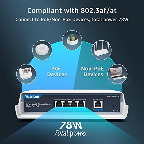 Yuanley 4-Port PoE Switch Gigabit- Водоотпорен на отворено Етернет Не управуван мрежен прекинувач со VLAN функција, вградена моќност од 78W, IEEE802.3AF/AT