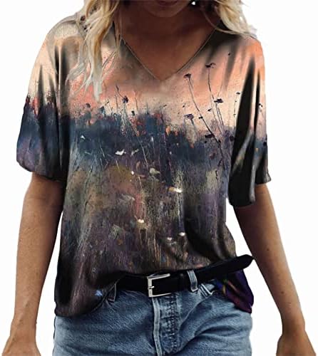Womenенски летен летен врвен кошула V вратот печати маица со краток ракав Туника блуза лабава црни активни врвови жени