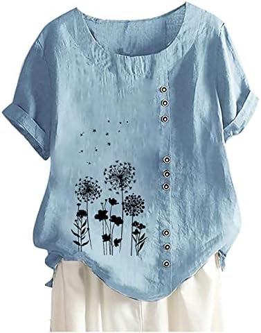 Womenените летни памучни постелнини врвови на врвови со цвеќиња со кратки ракави со кратки ракави, блуза плус големина случајна