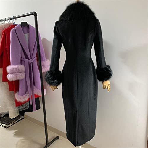Зимска мода жени црна волнена палто имитација на крзно јака кашмир палто женски двојно гради тенок ров за надворешна облека