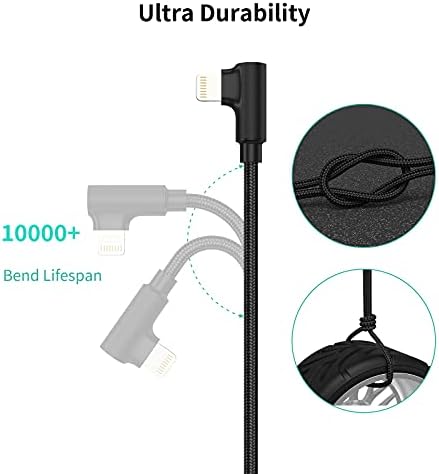 6,6ft десен агол кабел за молња долг, 3 пакувања плетенка со брзо полнење USB на кабелот за полнач на iPhone 90 степени компатибилен со Apple