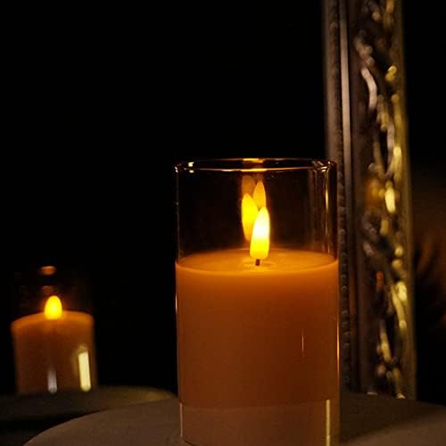 Стакло затемнети свеќи, свеќи со батерија со далечински тајмер, вистински восочни столбови стакло LED свеќи со подвижен пламен, 4 5 6 пакет