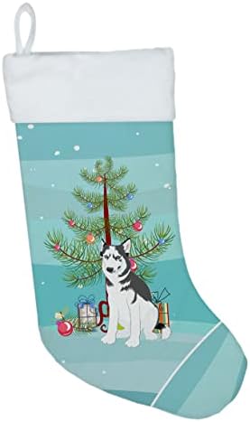 Богатства на Каролина WDK3075CS Сибирски хаски сребро и бело 2 Божиќно Божиќно порибување, камин виси чорапи Божиќна сезона забава Декорации