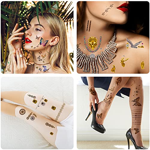 10 листови 100+ дизајни злато привремени тетоважи за жени девојки Возрасни, метални налепници за тетоважи на метални сјај