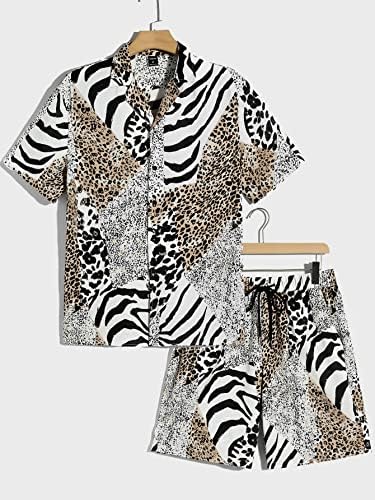 Опсежни облека за две парчиња за мажи мажи зебра шари и леопард печатена кошула и шорцеви за половината за влечење