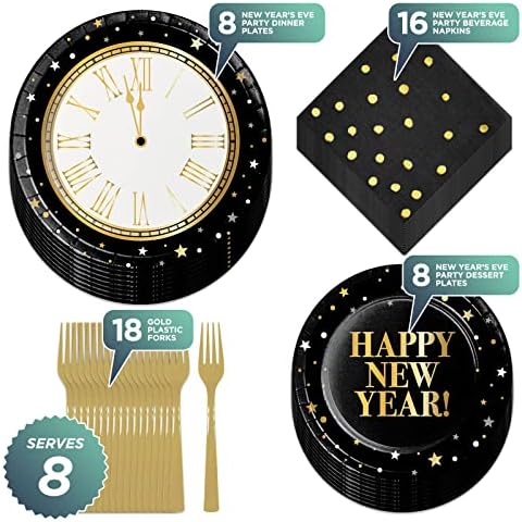 Новогодишна забава за одбројување на хартија за забави, среќни новогодишни таблички за десерт, салфетки за пијалоци од злато точки и вилушки