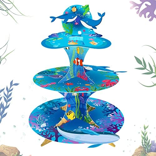 3 нивоа подводни морски кекс стојат океански роденденски украси украси Десерт држач за кекс за морско суштество ајкула туш туш