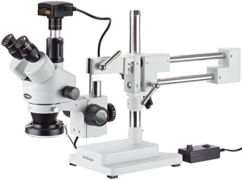 AMSCOPE 3.5X-90X Симул-Фокален стерео зум микроскоп на штанд со бум со 144 предводена од прстенеста светлина и 5MP USB3 камера