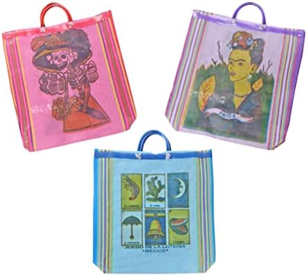 Гусетирани печатени печатени мексикански меркадо торби, сет од 3 дизајни 18 x 18 инчи - торба за намирници за намирници за повеќенаменски