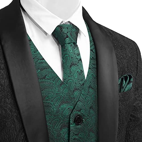 Coofandy Men's Paisley Vest Tie Set Formal 4PC костум елек Флорална елеменка од џебови за џебови за забава