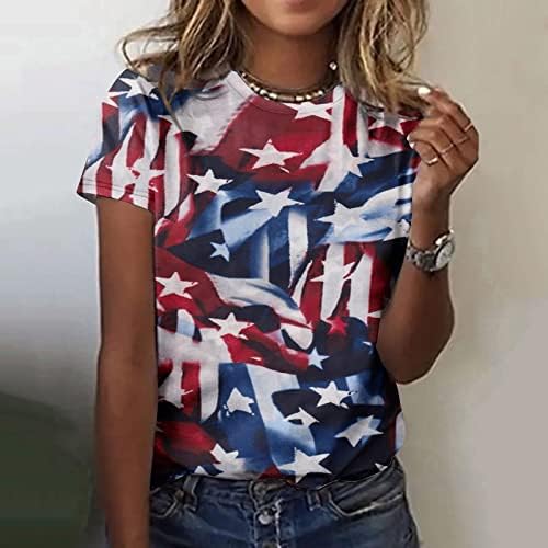Американска кошула со знаме за жени 4 -ти јули Ден на независност на Денот на независноста, летен врвови на кратки ракави на вратот, летни