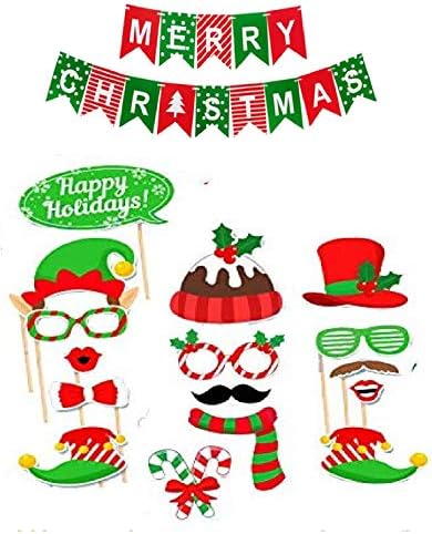Божиќни фото -штанд реквизити и среќен Божиќ банер DIY Божиќни фотографии со фотографии 32 парчиња Божиќни реквизити и 8,2 нозе Божиќни транспаренти - Смешни празнични