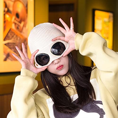 Techong Unisex плетени очила Beanie - Зимски стилски череп топло капаче, надворешно спортско модно руно поставено истегнување на капа