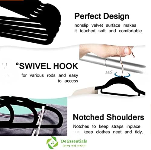 Deessentials Premium Velvet Hangers 55 Пакет - закачалки за нелизга и издржлива облека - црни закачалки со кука од 360 степени - закачалки