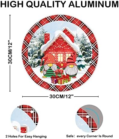 Декстик Добредојден знак Божиќ со гном тркалезна алуминиум знак Снежна куќа Бафало кариран знак здраво зимска уметност wallидна плакета