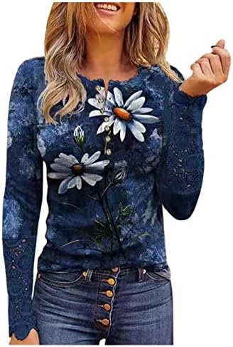 Употреба на женското копче Хенли Ворт Ворт Рбебни тенок кошула крпеница чипка шуплива блуза цветно печатена маица
