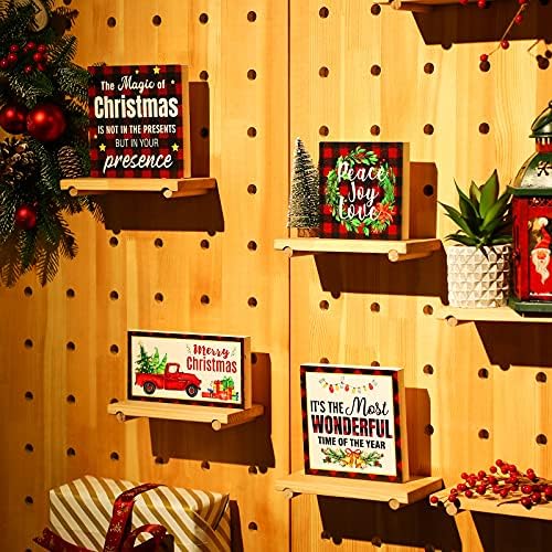 4 парчиња Ниво на послужавник за Божиќни знаци Декор Дрвени Божиќни украси знаци Бафало карирано дрво Плакета Рустикален среќен Божиќен