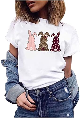 Womenенски велигденски маица со кратки ракави кошули за зајаче, симпатична зајак графичка вера вера, лето обичен лабав врв