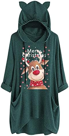 Дуксери за жени Симпатична Божиќна ирвас печати тенка долга ракав мачка уво пуловер со качулка со џебови со џебови