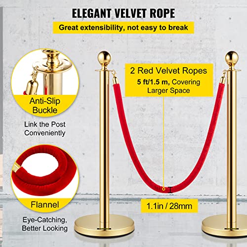 Vevor Velvet Ropes and Posts, 5 ft/1,5 m црвено јаже, злато од не'рѓосувачки челик со топка, контролна бариера за црвена публика