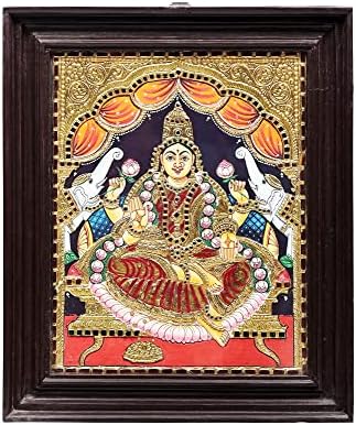 Егзотична Индија 15 x 18 Падмасана Гајалакшми Танјоре Сликање | Традиционални бои со 24к злато | Рамка од тиково дрво