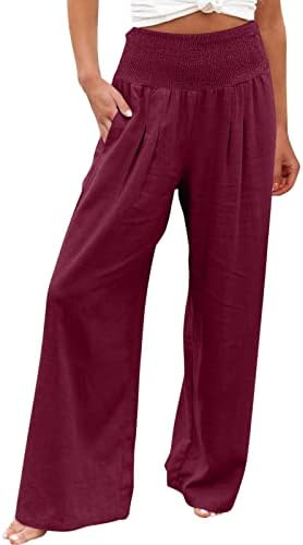 Fehlegd Обични панталони за жени пукнаа висока еластична половината плетена цврста боја лабава удобна широка нога долга панталони со џебови