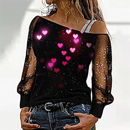 Iius Sequin Print Mesh Долга ракав маичка за жени секси надвор од рамото пулвер облечен асиметричен роса на рамената на рамената Топ Туника