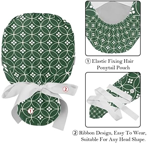 Медицински капачиња за жени со копчиња долга коса, 2 парчиња прилагодливо работно капаче, јапонски традиционален зелена геометриска