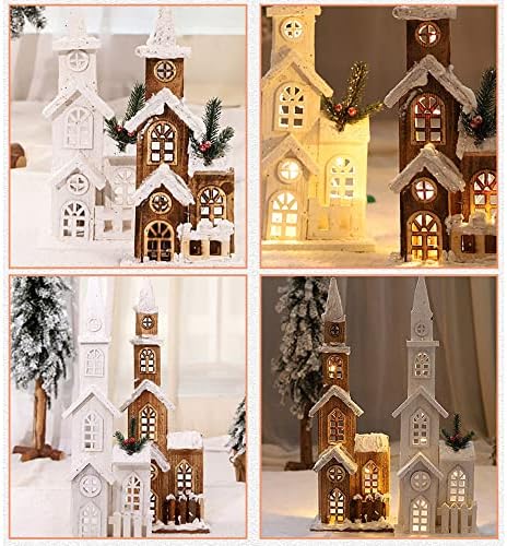 Божиќни украси на YHQSIKS Божиќно снежно село декор Божиќ, декоративна декоративна дрвена куќа зграда фигура декорацин со LED