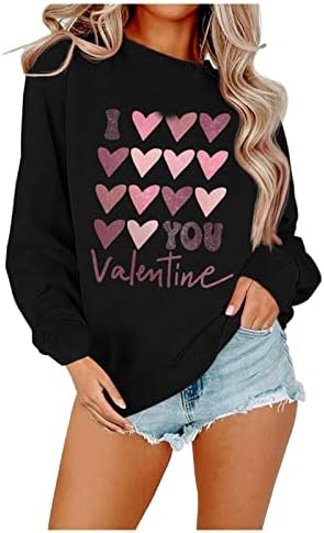Валентин жени врвови слатки loveубовни кошули за печатење фустани лабава лабава долга ракав екипаж џемпер за џемпери на празник пулвер