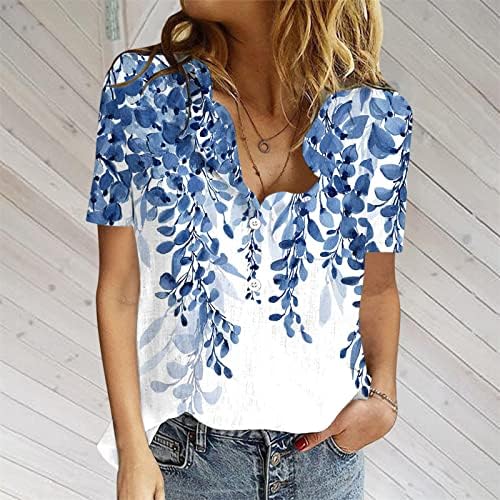 Женски цветни памучни постелнини врвови лето моден краток ракав копче нагоре против кошули со вратот плус големина обични лабави блузи