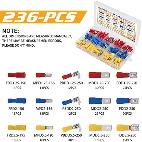 Комплет за терминали DLRSAM, 236PCS Изолирана жица Електрични конектори Задни прстени Спајд Брзо исклучување на приклучоци за приклучоци