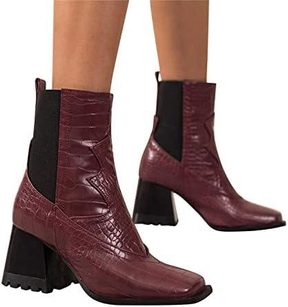 Клин чизми за жени женски мода во боја, кожен лик, квадратни пети, бујни високи потпетици, еластични средни чизми за западен моден чизми