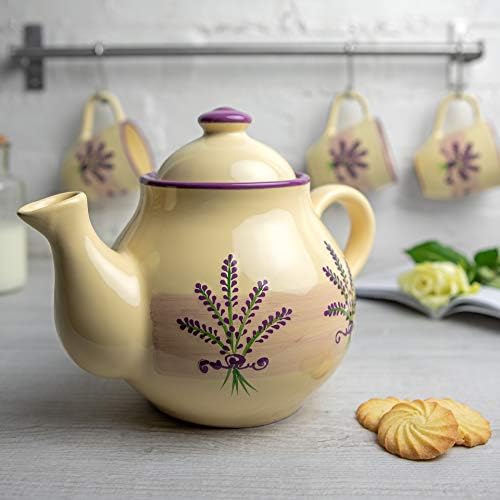 Рачно изработено лаванда цветни виолетови и крем Голема керамика 1,7L/60oz/4-6 чаша чајник со рачка и капак, уникатен подарок за домаќинство