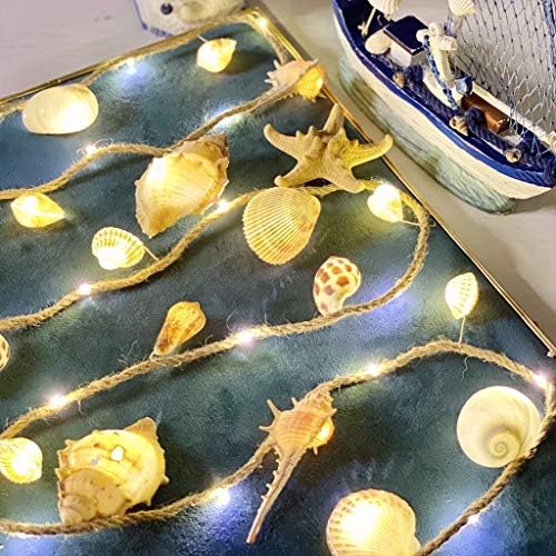 Тематска тематска морска обвивка Декоративни конуси од коноп јаже светла, наутички ноќни жици светла осветлени со 39 LED диоди 19 школки 6,6