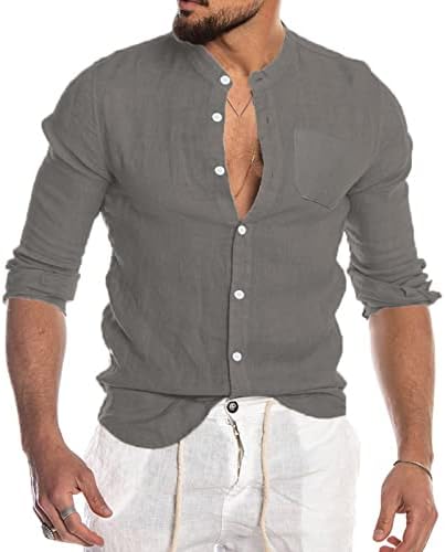 Кошули со постелнина од памук ZDDO за мажи, летно копче за долг ракав со долги ракави надолу од необична кошула на плажа со предниот