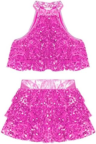 Linjinx Kids Girls Sequin Metallic Crop Top со здолниште постави џез латински танцови облеки 2 парчиња костими за носеви за танцување облека
