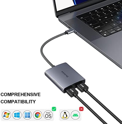 Qwiizlab USB C До Двојна HDMI Адаптер За Windows &засилувач; Mac, Две HDMI Видео Графика За Монитори &засилувач; Дисплеи, Бара DisplayPort
