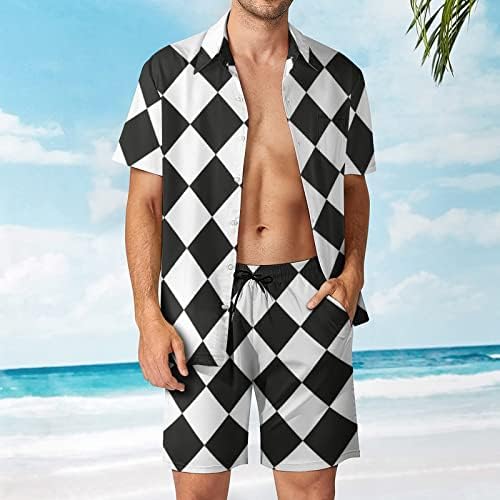 Црни бели карирани мажи 2 парчиња хавајски сет копче-долу кошули со кратки ракави, панталони за плажа лабави вклопени манкети