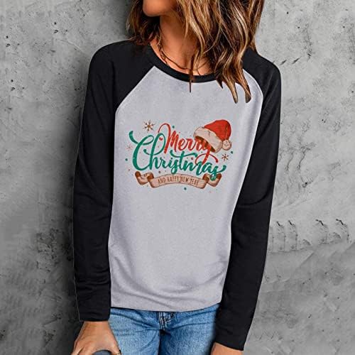 Среќна Божиќна маичка за жени Божиќ Хема Графички графички екипаж со долги ракави вратот Раглан пуловер врвови во боја блок блок мета