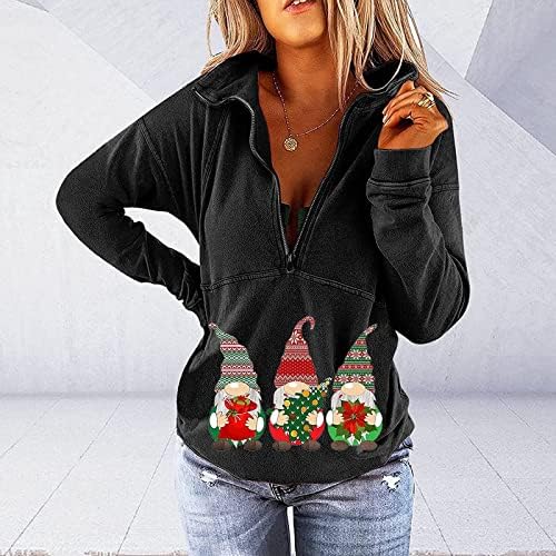 Водмиксиг женски џемпер на џемпер, пулвер Божиќ, печатење, стенд-ап јака со долги ракави зашипчиња, патент v-врат џемпер дами врвови врвови