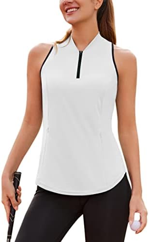 Коорун без ракав голф кошула тркачки кошули за жени за жени четвртина поштенски ZIP Брз сув UPF 50+ тениски резервоар со џеб со џеб