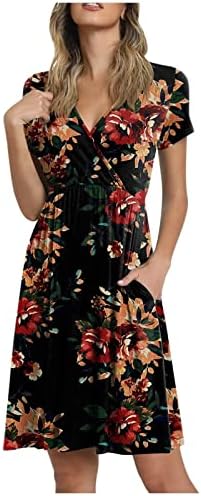 Женски летен фустан цветен v врат краток ракав половината на половината ручан џеб обичен лабав замав миди плажа фустан
