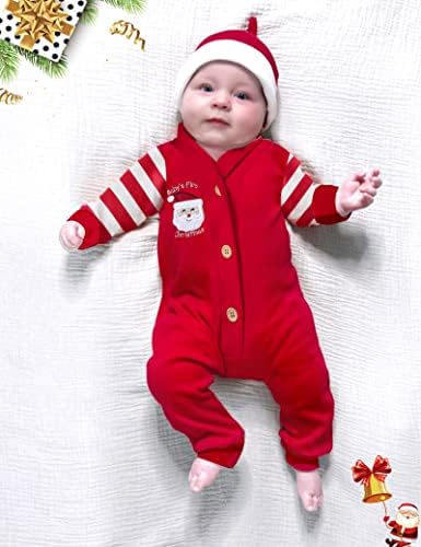 Бебе момче Божиќна облека 2 парчиња новороденче момче со долг ракав ромпер боди + Божиќна капа