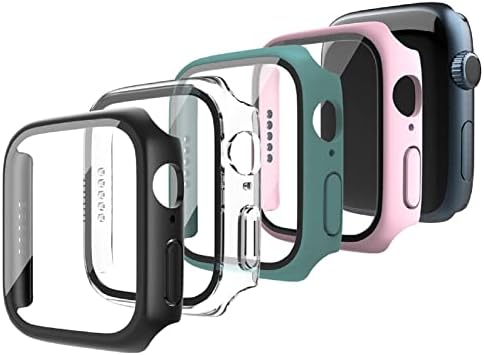 4 пакет кутија за Apple Watch Series 7 со затегнато стаклено екран заштитник7 45mm, тенок ултра-тенок тврд компјутер покритиран