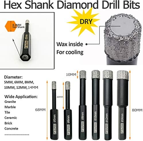 5мм суви дијамантски дупки за дупки за плочки порцелан мермер гранит тула со хексадецимален пакет од 2 од ДТ-дијато