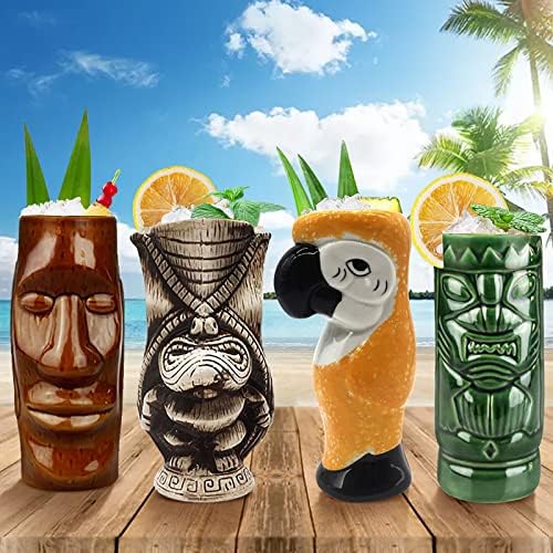 Коктел Тики Чаши Комплет 4-Големи Керамички Хавајски Чаши За Коктели Садови За Пиење, Слатки Егзотични Чаши За Коктели, Тики