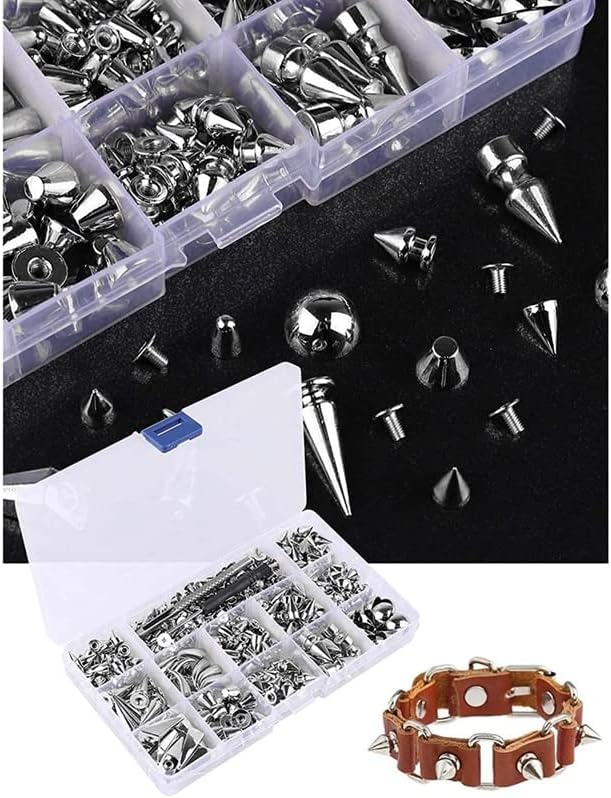 270Set шила и столпчиња, мешана форма панк -шипка метални конусни завртки за завртки за завртки со инсталација алатка за кожен занает